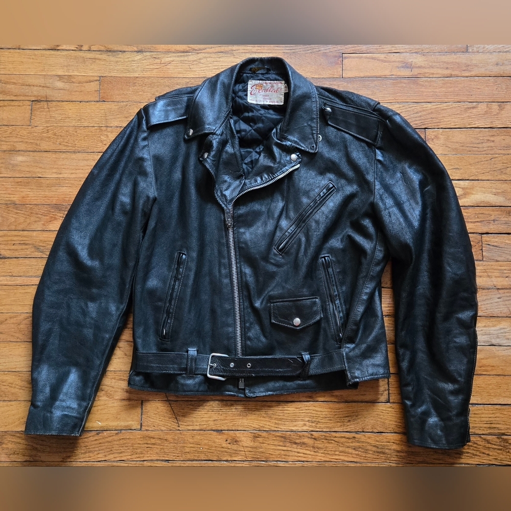 vtg 70s 46L Excelled Leather Quilted Motorcycle Jacket Made in USA